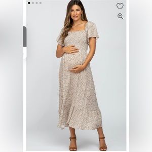 Pinkbkush Ivory Floral Smocked Maternity Maxi Dress